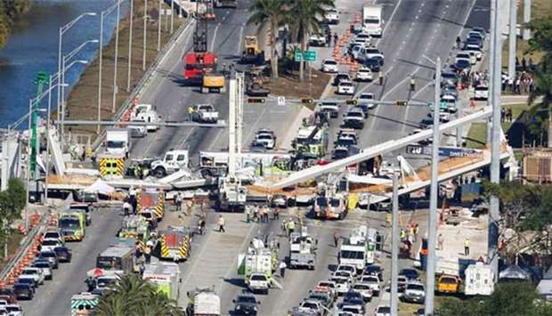 An aerial view shows the collapsed pedestrian bridge at Florida International University in Miami.