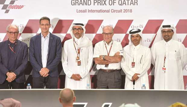 HE Salah bin Ghanem bin Nasser al-Ali,  Minister for Culture and Sports, (third from left), Carmelo Ezpeleta, CEO, Dorna (fourth from left),  Khalid al-Remaihi, Vice President and General Manager LCSC (fifth from left),  Ivan Bravo, General Director, Aspire Academy (second from left) and  Abdulrahman al-Mannai, QMMF President, extreme right and Vito Ippolito, FIM President, extreme left pose during the launch of the Qatar Motorsport Academy. PICTURE: Noushad Thekkayil