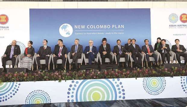 From left: Malaysian Prime Minister Najib Razak, Myanmar State Counsellor Aung San Suu Kyi, Philippines Secretary of Foreign Affairs Alan Peter Cayetano, Vietnam Prime Minister Nguyen Xuan Phuc, Singapore Prime Minister Lee Hsien Loong, Australian Prime Minister Malcolm Turnbull, Thailand Prime Minister Prayut Chan-ocha, Bruneiu2019s Sultan Hassanal Bolkiah, Cambodian Prime Minister Hun Sen, Indonesian President Joko Widodo, Laos Prime Minister Thongloun Sisoulith and Asean Secretary-General Dato Lim Jock Hoi attend the New Colombo Plan Reception at the Asean-Australia special summit being held in Sydney, yesterday.