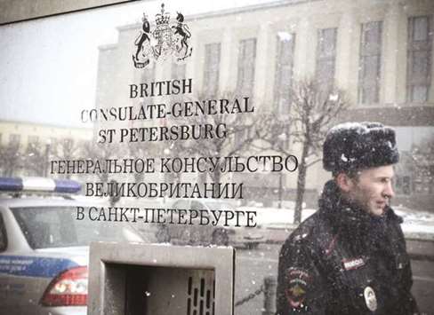 A Russian police officer is seen outside the British Consulate Generalu2019s building in Saint Peterburg. The Russian foreign ministry has announced measures u2018in response to the British sideu2019s provocative actions and unfounded accusations against Russia due to the incident in the city of Salisbury on March 4u2019, including the closure of the British Consulate General in Saint Petersburg.
