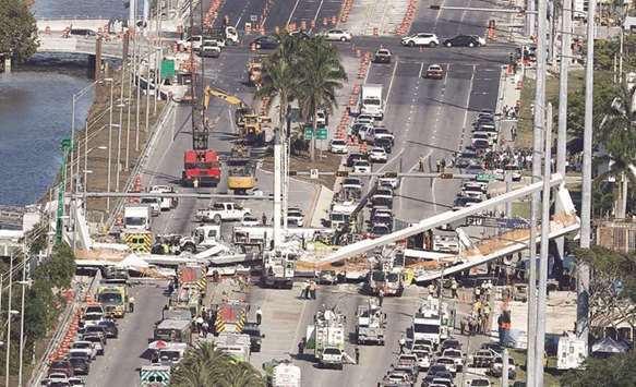 An aerial view of a pedestrian bridge that collapsed at Florida International University in Miami on Thursday.