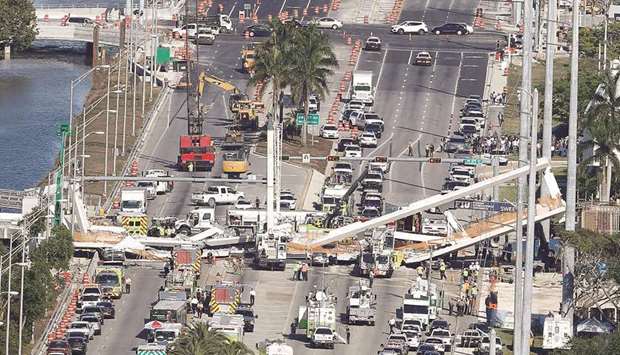 An aerial view of a pedestrian bridge that collapsed at Florida International University in Miami on Thursday.