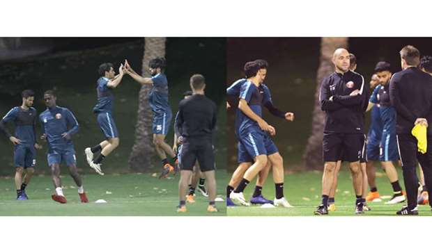 Iraq-bound Qatar players in action during a training session at the Aspire Academy yesterday. (Right) Qatar coach Felix Sanchez supervising the training session prior to their International Friendly Championship in Basra, Iraq. PICTURES: Fadi El Assaad