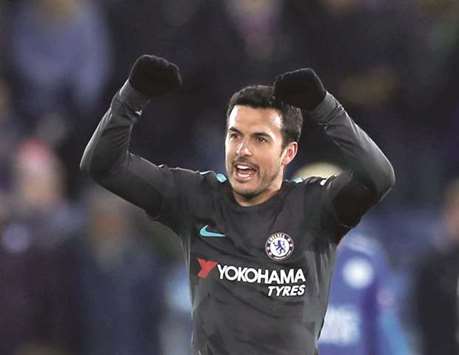 Chelseau2019s Pedro celebrates after scoring against Leicester City during their FA Cup quarter-final at the King Power Stadium in Leicester, Britain, yesterday. (Reuters)