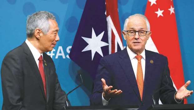 Australian Prime Minister Malcolm Turnbull (right) and Prime Minister of Singapore Lee Hsien Loong during their media conference during the one-off summit of 10-member Association of Southeast Asian Nations in Sydney yesterday.