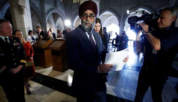 Canada's Defence Minister Harjit Sajjan leaves following a news conference announcing Canada will send helicopters and support troops to join a United Nations peacekeeping mission in Mali, on Parliament Hill in Ottawa. Reuters
