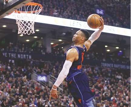 Oklahoma City Thunder guard Russell Westbrook goes up to dunk against the Toronto Raptors during the first half at the Air Canada Centre in Toronto. PICTURE: USA TODAY Sports
