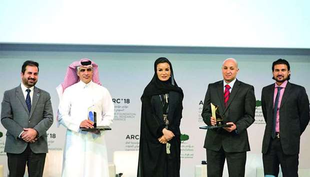 Her Highness Sheikha Moza bint Nasser, Chairperson of Qatar Foundation for Education, Science and Community Development (QF), honoured the winners of Best Research and Best Innovation Awards. HHOPL Aisha al-Musallam
