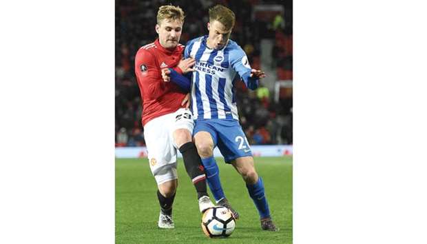Luke Shaw (left) in action during Manchester Unitedu2019s FA Cup quarter-final against Brighton & Hove Albion on Saturday. (AFP)