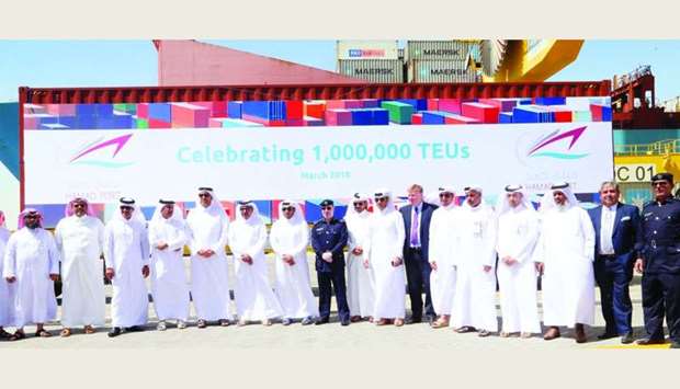 HE the Minister of Transport and Communications Jassim Seif Ahmed al-Sulaiti and other dignitaries during a ceremony celebrating Hamad Port's 1mn TEU mark milestone. PICTURE: Jayan Orma