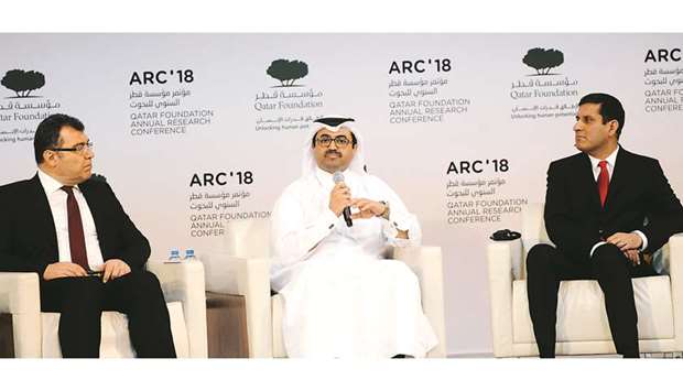 HE Dr Mohamed bin Saleh al-Sada interacts with other panellists.