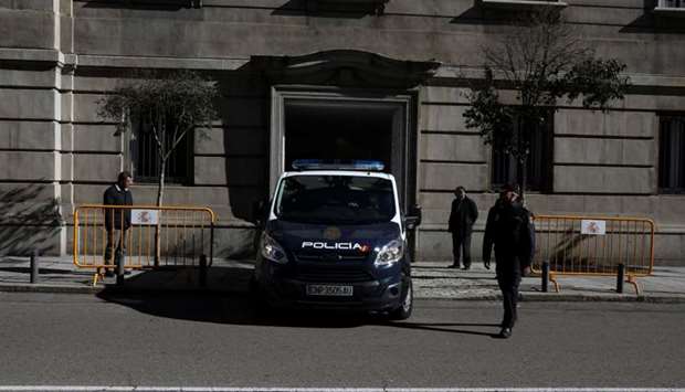 A police van carrying the jailed former leader of the pro-independent movement Catalan National Assembly (ANC) Jordi Sanchez for a hearing before a Supreme Court judge arrives at court in Madrid. Reuters