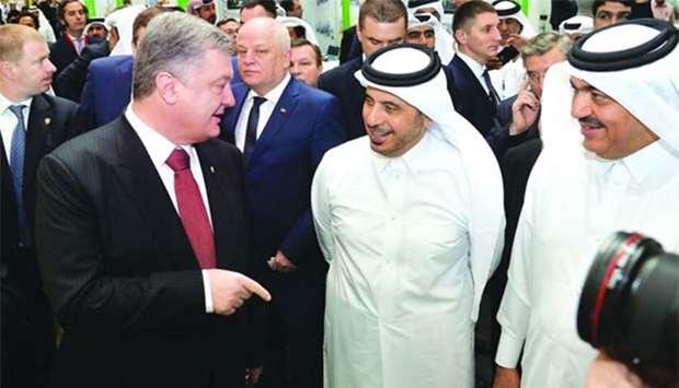 HE the Prime Minister and Interior Minister Sheikh Abdullah bin Nasser bin Khalifa al-Thani, President of Ukraine Petro Poroshenko and HE the Minister of Municipality and Environment Mohamed bin Abdullah al-Rumaihi at the opening of AgriteQ 2018 on Tuesday. PICTURE: Noushad Thekkayil.