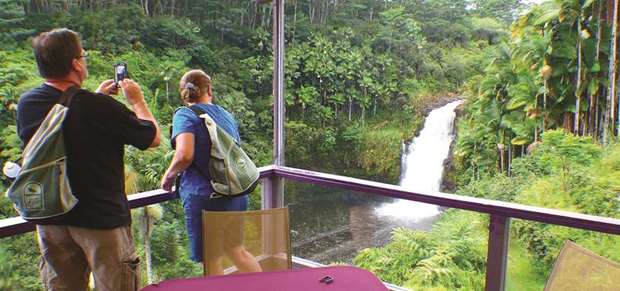 TOURISTS: David and Kim Stephens, of Houston, look out at Kulaniapia Falls from a balcony at the resort of the same name.