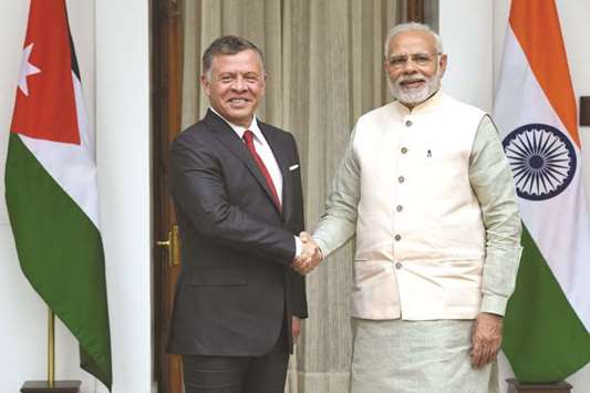 Prime Minister Narendra Modi shakes hands with Jordanu2019s King Abdullah prior to a meeting in New Delhi yesterday.