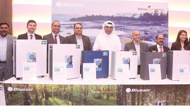 Digital Innovations vice chairman and managing director Sajed Jassim Mohamed Sulaiman, Blueair Middle East general manager T R Ganesh, Digital Innovations director & CEO C V Rappai, Blueair director u2014 South & West Asia Girish Bapat, and other dignitaries during the Qatar launch of Blueairu2019s advanced air purifiers. PICTURE: Jayan Orma