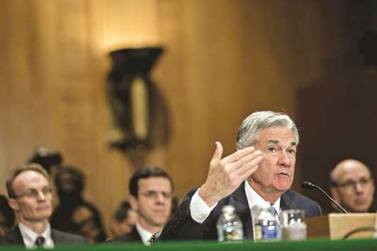 Jerome Powell, chairman of the US Federal Reserve, speaks during a Senate Banking Committee hearing in Washington, DC, on March 1. The upward revision in their rate path suggests Fed officials are looking through soft first-quarter economic reports and expect a lift this year and next from tax cuts passed by Republicans in December.