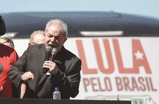 Former Brazilian president Luiz Inacio Lula da Silva speaks during a rally in Santana do Livramento, Rio Grande do Sul state. A federal appeals court will make a final ruling next week on Lulau2019s corruption conviction, a decision that could see the popular politician ordered to prison shortly afterwards, the courtu2019s press office said yesterday.
