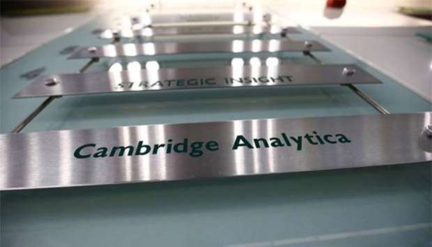 The nameplate of political consultancy, Cambridge Analytica, is seen in central London.