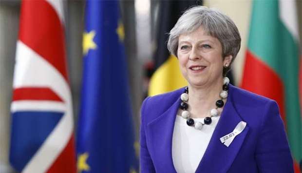 Britain's Prime Minister Theresa May arrives for a European Union leaders summit in Brussels on Thursday.