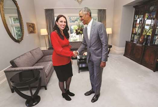 Former US president Barack Obama visits Government House and meets with Prime Minister of New Zealand Jacinda Ardern at Mount Eden, Auckland, New Zealand.