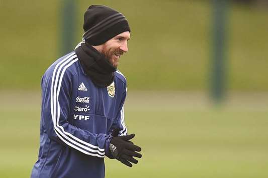 Argentinau2019s forward Lionel Messi participates in a team training session at the City Academy in Manchester ahead of their international friendly against Italy today.