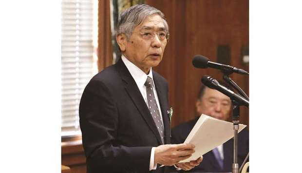 Bank of Japan governor Haruhiko Kuroda delivers a speech during a confirmation hearing at the lower house of parliament in Tokyo yesterday. Kuroda stressed the BoJu2019s resolve to maintain its massive stimulus programme for now, with inflation distant from its 2% target.