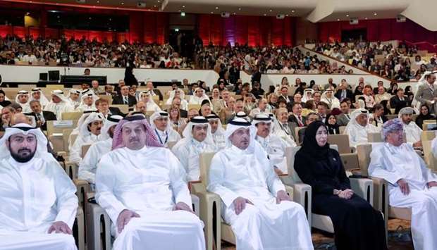 HE Sheikh Abdullah bin Nasser bin Khalifa al-Thani, Prime Minister and Interior Minister; HE Dr Khalid bin Mohamed al-Attiyah, Deputy Prime Minister and Minister of State for Defence Affairs; HE Dr Hanan Mohamed al-Kuwari, Minister of Public Health; and HE Mohamed bin Abdullah al-Rumaihi, Minister of Municipality and Environment, along with other dignitaries at the launch of National Health Strategy 2018-2022.