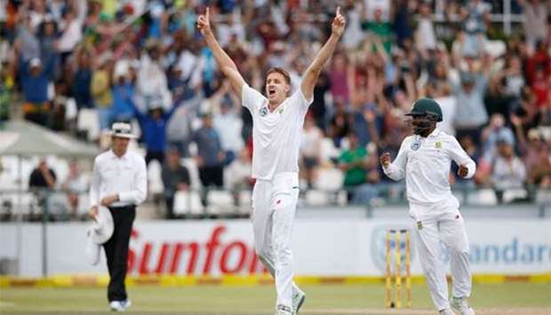 South Africa's Morne Morkel celebrates after the dismissal of Australia's Josh Hazelwood in the third Test at Newlands in Cape Town on Sunday.