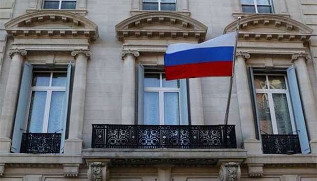 The Russian flag flies on the Consulate-General of the Russian Federation in Manhattan in New York on Monday.