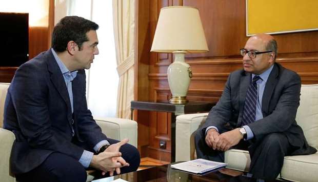 Greek PM Tsipras meets with President of the European Bank for Reconstruction and Development (EBRD) Chakrabarti, at his office in the Maximos Mansion in Athens