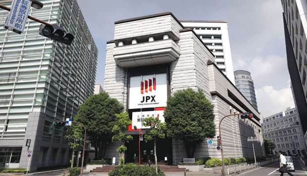 A frontal view of the Tokyo Stock Exchange. The Nikkei 225 closed up 2.7% to 21,317.32 points yesterday.