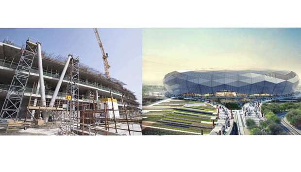 Work on the Qatar Foundation Stadium is going on at a fast pace. At right, a computer image how the stadium will look like when completed.