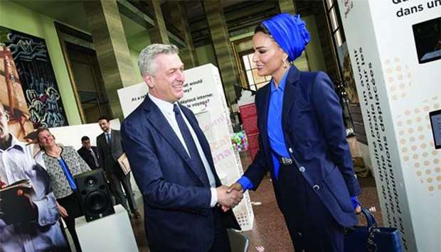 Her Highness Sheikha Moza bint Nasser meets Filippo Grandi at the United Nations office in Geneva on Wednesday. PICTURES: Aisha al-Musalam/HHOPL