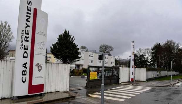 The main entrance to the 7th CBA de Reynies mountain infantry military barracks in Varces-Allieres-et-Risset after a man tried to ram his car into soldiers jogging nearby.