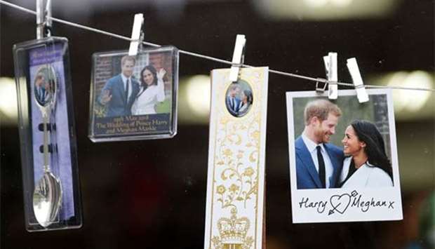 Memorabilia celebrating the engagement of Prince Harry to Meghan Markle are pictured for sale in a gift shop in Windsor, west of London.
