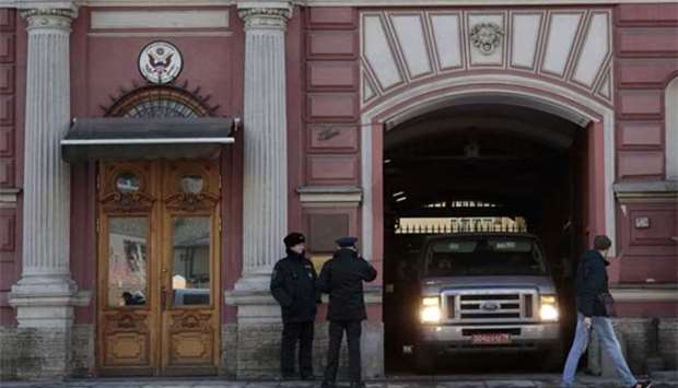 A car leaves the US Consulate General in St. Petersburg on Friday.