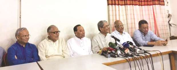 BNP secretary-general Mirza Fakhrul Alamgir speaking to the media as other senior leaders look on at a press conference in Dhaka yesterday.