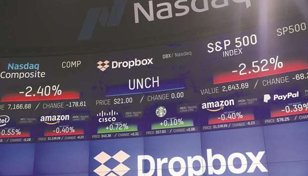 Dropbox signage is displayed on a screen during the companyu2019s initial public offering at the Nasdaq MarketSite in New York, on Friday, March 23. Dropbox ultimately sold the stock for $21 a share in the IPO, pulling its valuation past $8bn. And by the end of its first trading day, it rose an additional 36%, to a total value of $11.1bn.