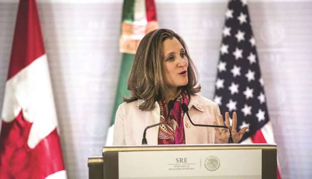 Chrystia Freeland, Canadau2019s minister of foreign affairs, speaks during a joint press conference in Mexico City on February 2. Freelandu2019s office yesterday said she would be meeting her Nafta counterpart Mexican Economy Minister Ildefonso Guajardo in Toronto to discuss the ongoing renegotiation.