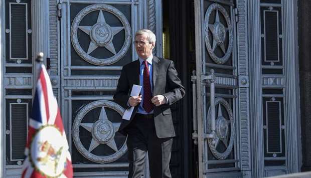 British ambassador to Russia Laurie Bristow leaves the Russian Foreign Ministry headquarters in Moscow