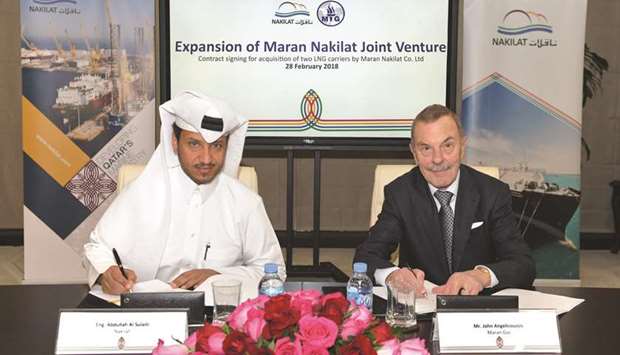 Nakilat CEO Abdullah al-Sulaiti and Maran Gas chairman John Angelicoussis during the signing ceremony.