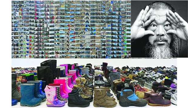 Laundromat displays meticulously arranged shoes, left behind by the refugees (inset) Ai Weiwei