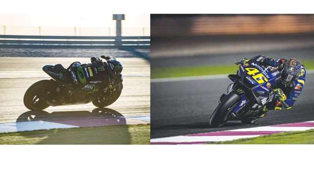 Johann Zarco of Monster Yamaha Tech 3 rider (left) and Valentino Rossi of the Movistar Yamaha in action on the third and final day of pre-season testing at the Losail International Circuit on Saturday.