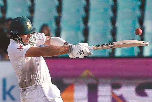 South African batsman Aiden Markram plays a shot during the fourth day of the first Test against Australia at The Kingsmead Stadium in Durban yesterday.
