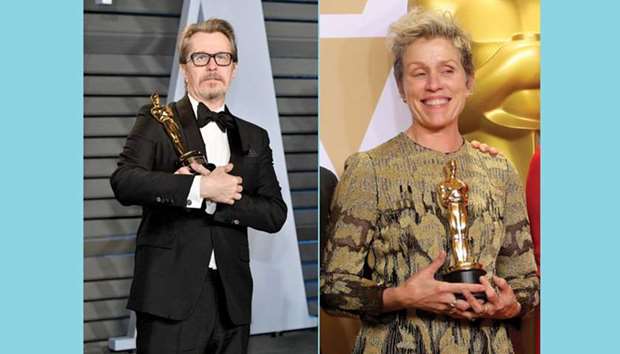 THE BEST: Gary Oldman with his Best Actor award, left; and Frances McDormand with her Best Actress statuette. AFP/Reuters