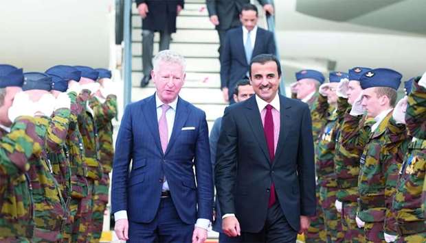 His Highness the Emir Sheikh Tamim bin Hamad al-Thani is being received upon arrival in Brussels. The Emir is on an official visit to Belgium.