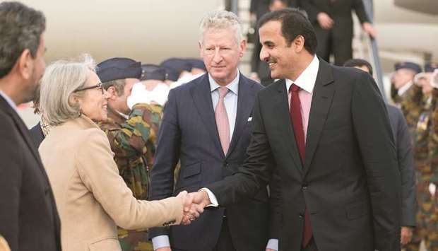 His Highness the Emir Sheikh Tamim bin Hamad al-Thani is being received upon arrival in Brussels yesterday. The Emir is on an official visit to Belgium.