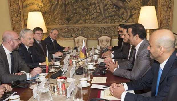 His Highness the Emir Sheikh Tamim bin Hamad al-Thani and the Belgian Prime Minister Charles Michel holding official talks in Brussels on Tuesday.