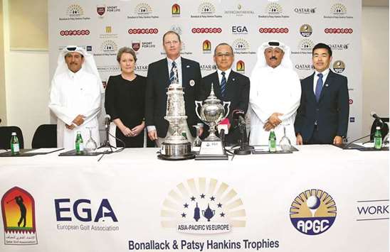 European Golf Association General Secretary Richard Heath (third from left), K. Muratsu, President, Asia Pacific Golf Federation (fourth from left) seen with QGA General Secretary Fahad Nasser al-Naimi (left), QGA Executive Director Mohamed Faisal al-Naimi (second right), Janet Turner, Area Director of Sales InterContinental Hotels Group (second from left) and Nick Shan, Assistant Director Asia Pacific, R&A (right) at yesterdayu2019s press conference at the Doha Golf Club yesterday.